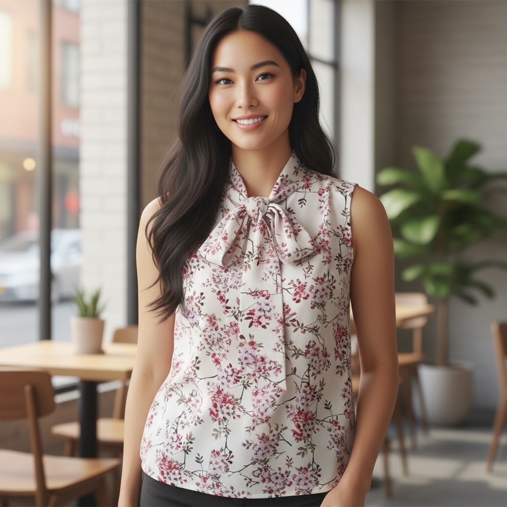 Jon & Anna Sleeveless Blouse with Tie Neck in Cherry Blossom Sakura Print Size M